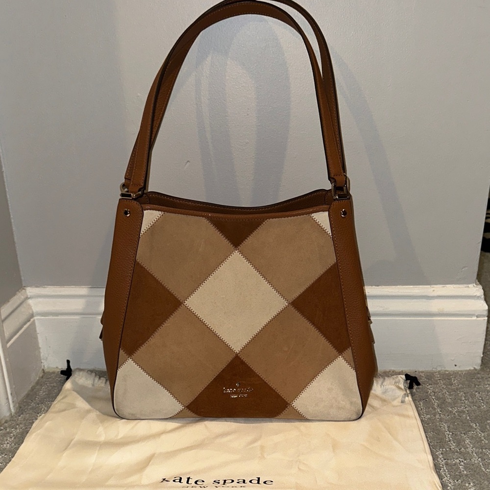 Kate Spade Brown and Cream Suede Checkered Shoulder Bag
